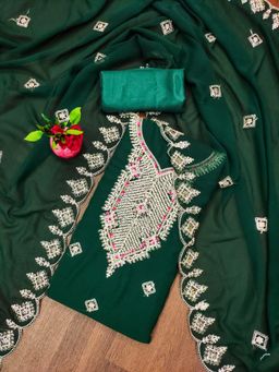 Zeepkart - Vichitra Georgette Green Embroidered Unstitched Dress Material (Set of 3)