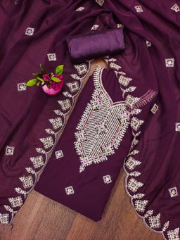 Zeepkart - Vichitra Georgette Purple Embroidered Unstitched Dress Material (Set of 3)