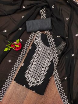Zeepkart - Vichitra Georgette Black Embroidered Unstitched Dress Material (Set of 3)