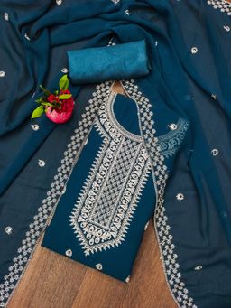 Zeepkart - Vichitra Georgette Blue Embroidered Unstitched Dress Material (Set of 3)
