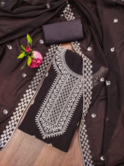 Zeepkart - Vichitra Georgette Brown Embroidered Unstitched Dress Material (Set of 3)