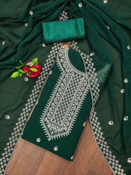 Zeepkart - Vichitra Georgette Green Embroidered Unstitched Dress Material (Set of 3)