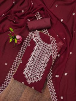 Zeepkart - Vichitra Georgette Maroon Embroidered Unstitched Dress Material (Set of 3)