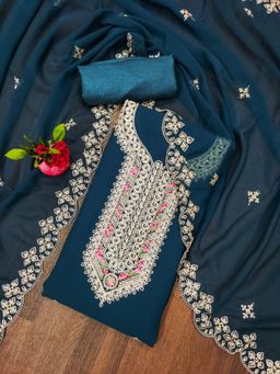 Zeepkart - Vichitra Georgette Blue Embroidered Unstitched Dress Material (Set of 3)