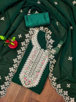 Zeepkart - Vichitra Georgette Green Embroidered Unstitched Dress Material (Set of 3)