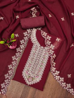 Zeepkart - Vichitra Georgette Maroon Embroidered Unstitched Dress Material (Set of 3)