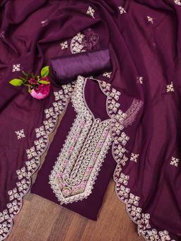 Zeepkart - Vichitra Georgette Purple Embroidered Unstitched Dress Material (Set of 3)
