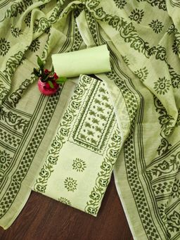 Zeepkart - Vichitra Cotton Blend Green Printed Unstitched Dress Material (Set of 3)