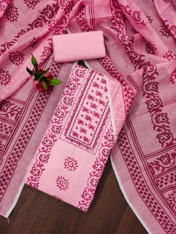 Zeepkart - Vichitra Cotton Blend Pink Printed Unstitched Dress Material (Set of 3)