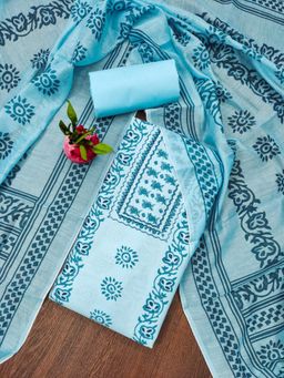 Zeepkart - Vichitra Cotton Blend Blue Printed Unstitched Dress Material (Set of 3)
