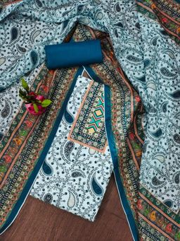 Zeepkart - Vichitra Cotton Blend Blue Paisley Unstitched Dress Material (Set of 3)