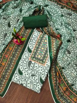 Zeepkart - Vichitra Cotton Blend Green Paisley Unstitched Dress Material (Set of 3)