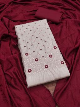 Zeepkart - Vichitra Silk Blend Off White Embroidered Sequined Unstitched Dress Material (Set of 3)