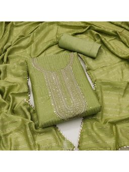 Zeepkart - Vichitra Chanderi Green Embroidered Sequined Unstitched Dress Material (Set of 3)