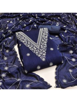 Zeepkart - Vichitra Silk Blend Blue Embroidered Thread Work Unstitched Dress Material (Set of 3)