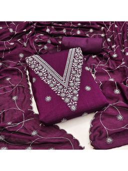 Zeepkart - Vichitra Silk Blend Purple Embroidered Thread Work Unstitched Dress Material (Set of 3)