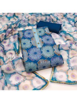 Zeepkart - Vichitra Organza Silk Blue Floral Sequined Unstitched Dress Material (Set of 3)