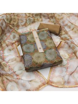 Zeepkart - Vichitra Organza Silk Brown Floral Sequined Unstitched Dress Material (Set of 3)