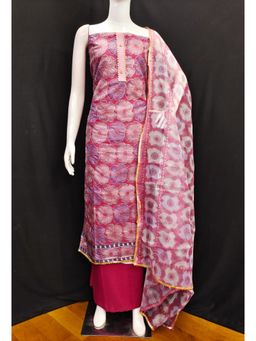 Zeepkart - Vichitra Organza Silk Red Floral Sequined Unstitched Dress Material (Set of 3)