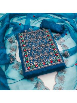 Zeepkart - Vichitra Organza Silk Blue Embroidered Sequined Unstitched Dress Material (Set of 3)