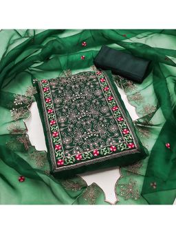 Zeepkart - Vichitra Organza Silk Green Embroidered Sequined Unstitched Dress Material (Set of 3)
