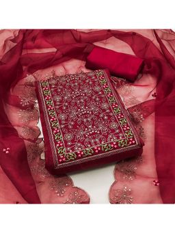 Zeepkart - Vichitra Organza Silk Maroon Embroidered Sequined Unstitched Dress Material (Set of 3)