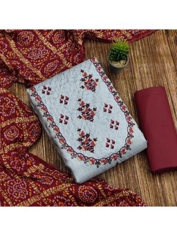 Zeepkart - Vichitra Cotton Blend Grey Embroidered Thread Work Unstitched Dress Material (Set of 3)