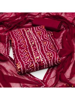 Zeepkart - Vichitra Cotton Blend Maroon Bandhani Unstitched Dress Material (Set of 3)