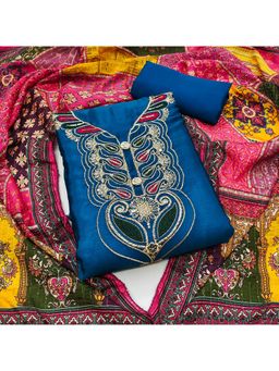 Zeepkart - Vichitra Chinon Blue Embroidered Sequined Unstitched Dress Material (Set of 3)