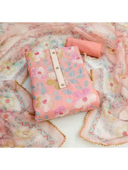 Zeepkart - Vichitra Organza Silk Pink Floral Embroidered Unstitched Dress Material (Set of 3)