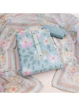 Zeepkart - Vichitra Organza Silk Blue Floral Embroidered Unstitched Dress Material (Set of 3)