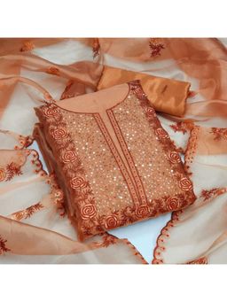 Zeepkart - Vichitra Organza Silk Orange Embroidered Sequined Unstitched Dress Material (Set of 3)