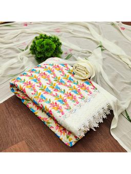 Zeepkart - Vichitra Georgette Ivory Printed Lace Work Unstitched Dress Material (Set of 3)