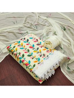 Zeepkart - Vichitra Georgette Cream Printed Lace Work Unstitched Dress Material (Set of 3)