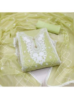 Zeepkart - Vichitra Chanderi Green Embroidered Lace Work Unstitched Dress Material (Set of 3)
