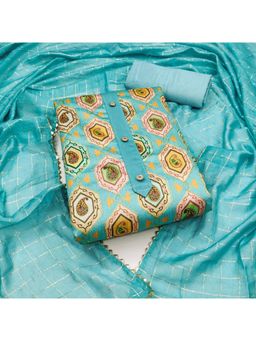 Zeepkart - Vichitra Cotton Blend Turquoise Printed Sequined Unstitched Dress Material (Set of 3)