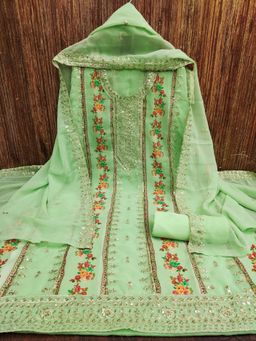 Zeepkart - Vichitra Georgette Green Floral Sequined Unstitched Dress Material (Set of 3)