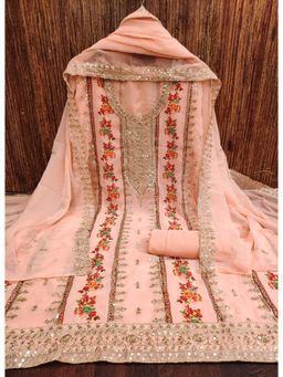 Zeepkart - Vichitra Georgette Orange Floral Sequined Unstitched Dress Material (Set of 3)