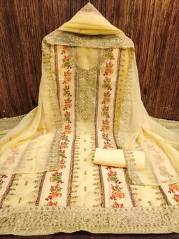 Zeepkart - Vichitra Georgette Yellow Floral Sequined Unstitched Dress Material (Set of 3)