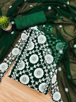 Zeepkart - Vichitra Georgette Green Embroidered Thread Work Unstitched Dress Material (Set of 3)