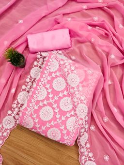 Zeepkart - Vichitra Georgette Pink Embroidered Thread Work Unstitched Dress Material (Set of 3)