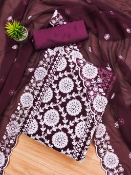 Zeepkart - Vichitra Georgette Purple Embroidered Thread Work Unstitched Dress Material (Set of 3)