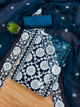 Zeepkart - Vichitra Georgette Blue Embroidered Thread Work Unstitched Dress Material (Set of 3)