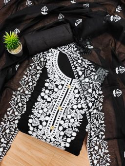 Zeepkart - Vichitra Chanderi Black Embroidered Unstitched Dress Material (Set of 3)
