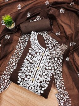 Zeepkart - Vichitra Chanderi Brown Embroidered Unstitched Dress Material (Set of 3)