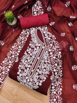 Zeepkart - Vichitra Chanderi Maroon Embroidered Unstitched Dress Material (Set of 3)