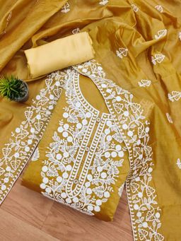 Zeepkart - Vichitra Chanderi Mustard Embroidered Unstitched Dress Material (Set of 3)
