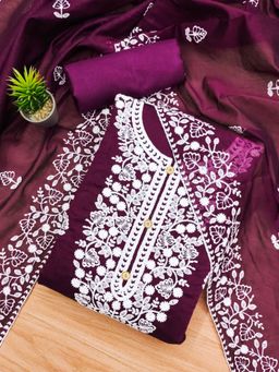 Zeepkart - Vichitra Chanderi Purple Embroidered Unstitched Dress Material (Set of 3)