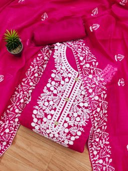 Zeepkart - Vichitra Chanderi Pink Embroidered Unstitched Dress Material (Set of 3)