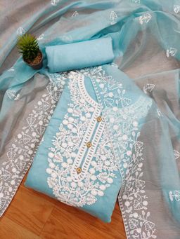Zeepkart - Vichitra Chanderi Turquoise Embroidered Unstitched Dress Material (Set of 3)